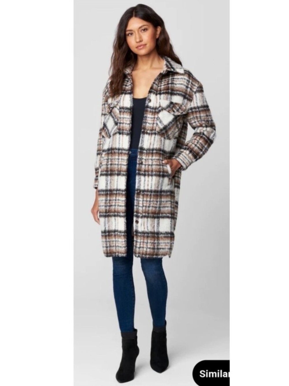 BLANKNYC Feel You Woman's Sz S Long Brown White Plaid Shacket Sold Out Revolve